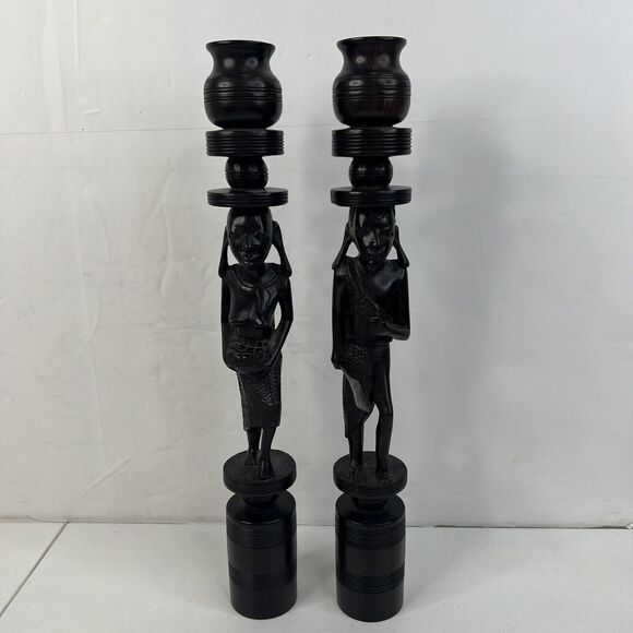 Pair of Vintage African Hand Carved Iron Wood Figural Sculptures Candle Sticks - Picture 2 of 15